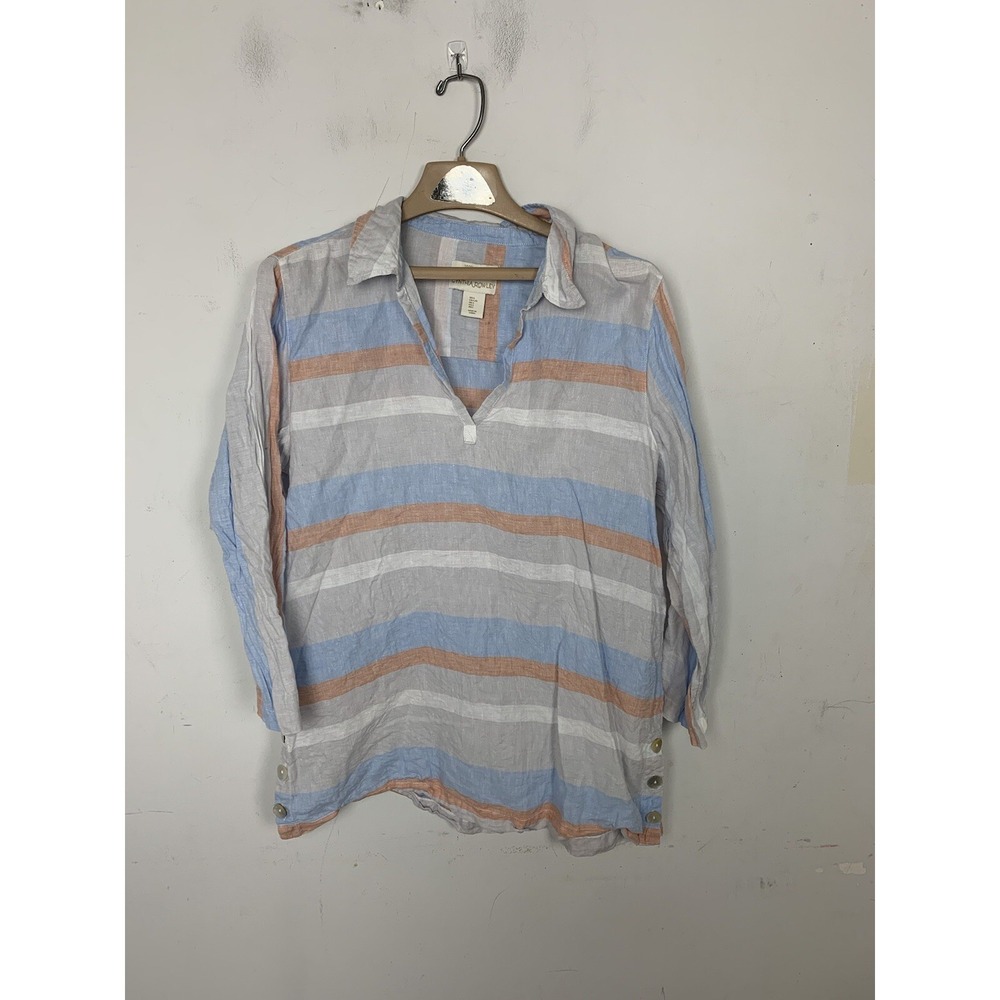 Cynthia Rowley Womens Blue Orange Striped 100% Linen Tunic Top Size L Button